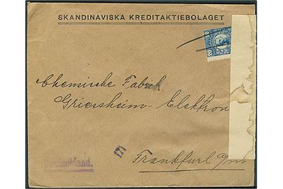 20 öre Gustaf på brev annulleret med streger til Frankfurt, Tyskland. Åbnet af tysk censur.