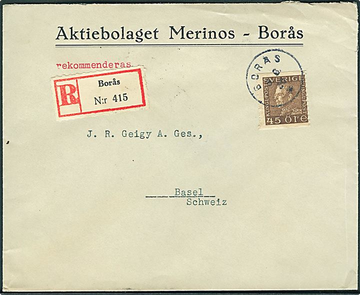 45 öre Gustaf single på anbefalet brev fra Borås d. 3.6.1934 til Basel, Schweiz.
