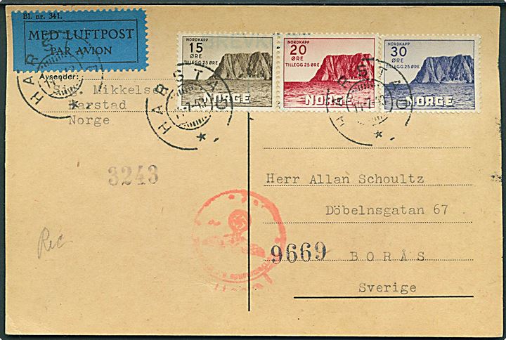 Komplet sæt Nordkap III på luftpost brevkort fra Harstad d. 14.7.1943 til Borås, Sverige. Passér stemplet ved den tyske censur i Trondheim *t*