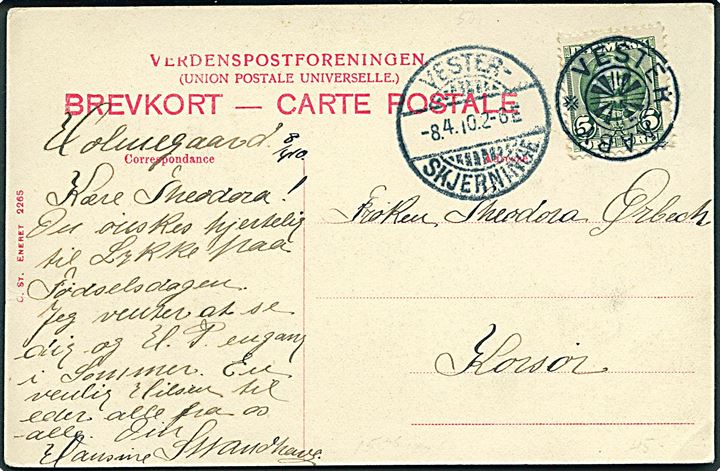 5 øre Fr. VIII på brevkort (Udsigt over Faaborg) annulleret med stjernestempel VESTER-AABY og sidestemplet Vester-Skjerninge d. 8.4.1910 til Korsør.