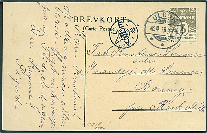 3 øre Bølgelinie på lokalt brevkort annulleret Uldum d. 16.4.1913 og sidestemplet med stjernestempel AALE til Rask Mølle.