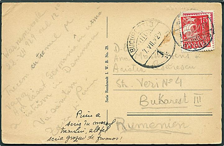 Tysk Hindenburg udg. på Brevkort fra Berlin dateret Warnemünde og påsat dansk 15 øre Karavel stemplet Gjedser d. 23.7.1929 til Bukarest, Rumænien.