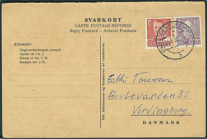10 øre Chr. X og 20 øre Fr. IX på svarbrevkort annulleret med tysk stempel i Oldenburg d. 24.6.1953 til Vordingborg, Danmark.