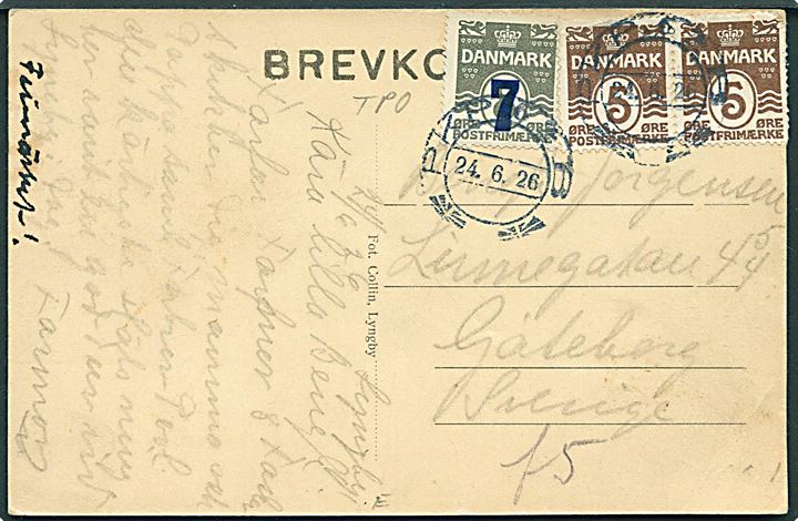 5 øre Bølgelinie (2) og 7/8 øre Provisorium på brevkort (Chr. X til hest) annulleret med svensk bureaustempel PKP 62B d. 24.6.1926 til Göteborg, Sverige.