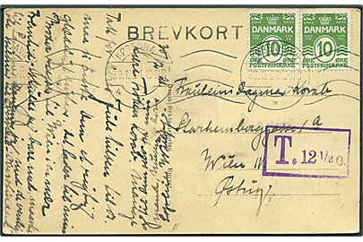 10 øre Bølgelinie i parstykke på underfrankeret brevkort fra København d. 30.12.1921 til Wien, Østrig. Violet portostempel: T 12½ c..