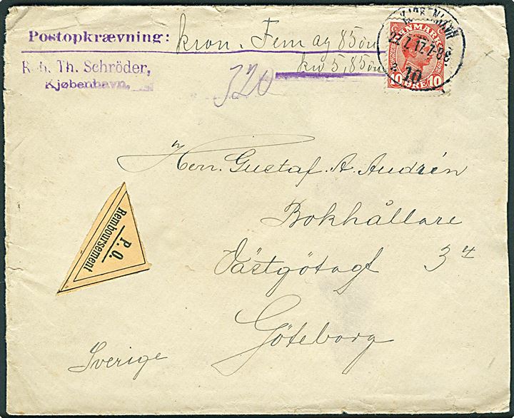 10 øre Chr. X single på brev med postopkrævning fra Kjøbenhavn d. 27.7.1917 til Göteborg, Sverige. Porto for postopkrævning indregnet i opkrævningsbeløbet.
