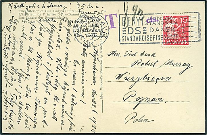 15 øre Karavel på underfrankeret brevkort fra København d. 27.6.1935 til Poznan, Polen. Portostempel: T (9 1/3) cts.