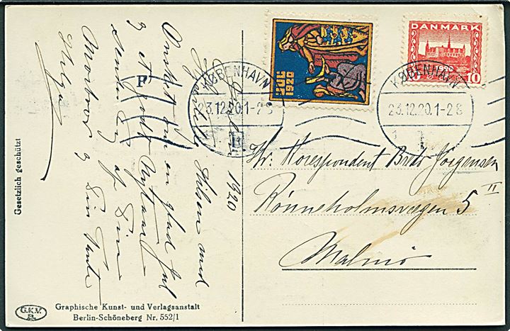10 øre Genforening og Julemærke 1920 på brevkort fra København d. 23.12.1920 til Malmö, Sverige.