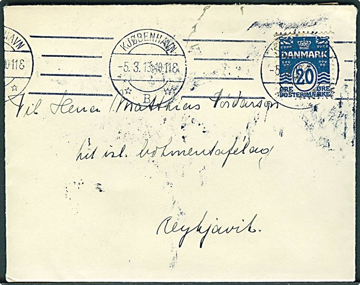 20 øre Bølgelinie sortblå single på brev fra Kjøbenhavn d. 5.3.1913 til Reykjavik, Island.