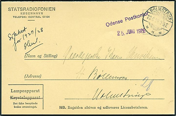 Blanket fra Statsradiofonien med kontor stempel Odense Postkontor og brotype Ia Holmstrup d. 23.6.1928 til Holmstrup.