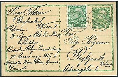 5 h. helsagsbrevkort opfrankeret med 5 h. Franz Joseph fra Wien d. 16.4.1913 til Reykjavik, Island.