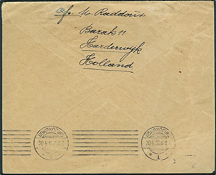 Ufrankeret interneret forsendelse fra interneret belgisk soldat i Harderwijk d. 26.4.1918 til Norrköping, Sverige.