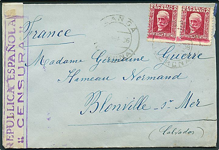 25 cts. i parstykke på brev fra Llansa d. x.9.1936 til Blonville, Frankrig. Åbnet af spansk censur.