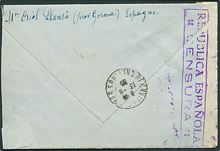 25 cts. i parstykke på brev fra Llansa d. x.9.1936 til Blonville, Frankrig. Åbnet af spansk censur.
