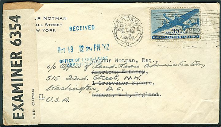 30 cents Transport på luftpostbrev fra New York 1942 til American Embassy, London, England - eftersendt til Office of Lend - Lease Administration i Washington DC. Åbnet af britisk censur PC90/6354.