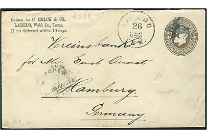 5 cents helsagskuvert fra Laredo, Texas d. 26.6.1885 (omv. årstal) via New York til Hamburg, Tyskland.