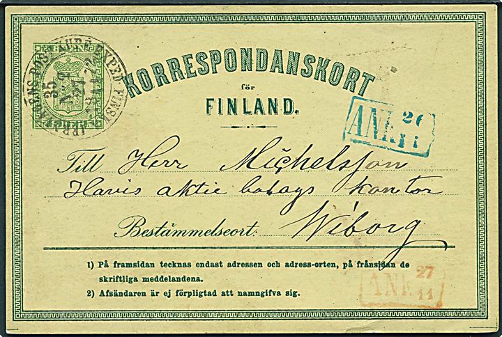 8. pen. helsagsbrevkort fra Eknäs annulleret med bureaustempel Finska Jernvägens Postkupe Exped. No. 2 35 d. 27.11.1872 til Wiborg.