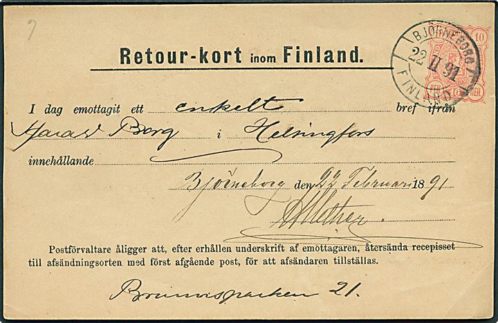 10 pen. Våben helsags modtagelsesbevis (Retour-kort) stemplet Björneborg Finland d. 22.2.1891 til Helsingfors.