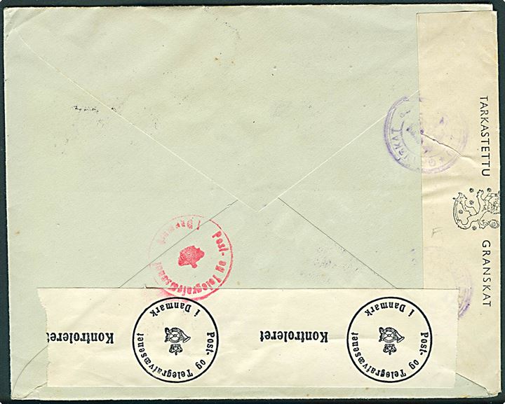 2+0,50 mk. og 3,50+1 mk. Velgørenhed på luftpostbrev fra Hamina d. 1.2.1943 til Havndal, Danmark. Åbnet af finsk og dansk censur.