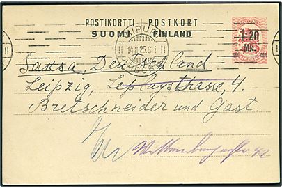 1,20 mk./10 pen. provisorisk helsagsbrevkort fra Viipuri d. 14.2.1925 til Leipzig, Tyskland.