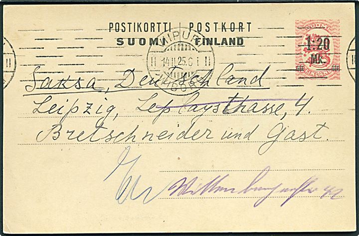 1,20 mk./10 pen. provisorisk helsagsbrevkort fra Viipuri d. 14.2.1925 til Leipzig, Tyskland.