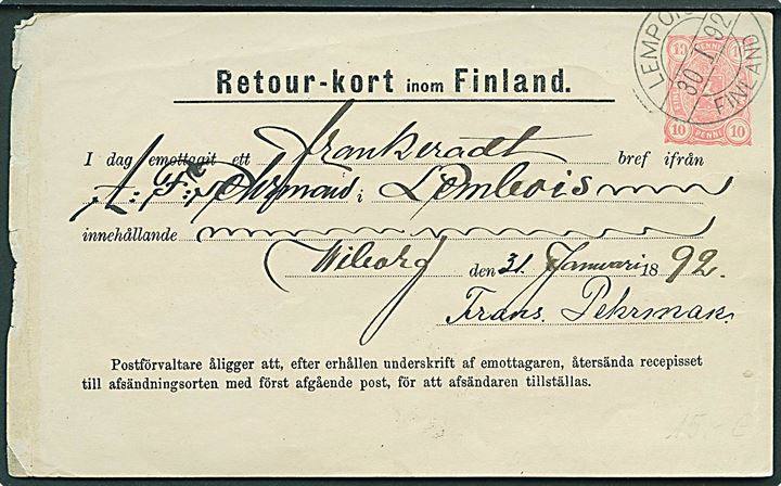 10 pen. Våben helsags modtagelsesbevis (Retour-Kort) stemplet Lempois Finland d. 30.1.1892.