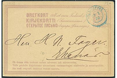 10 pen. Våben helsagsbrevkort annulleret med blåt stempel i Helsingfors d. 29.1.1876 til Ekenäs.