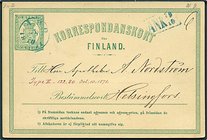 8 pen. Våben helsagsbrevkort annulleret med blåt stempel i Åbo d. 28.10.1871 til Helsingfors.