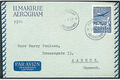 20 mk. helsags aerogram fra Helsingki d. 14.4.1951 til Aarhus, Danmark.