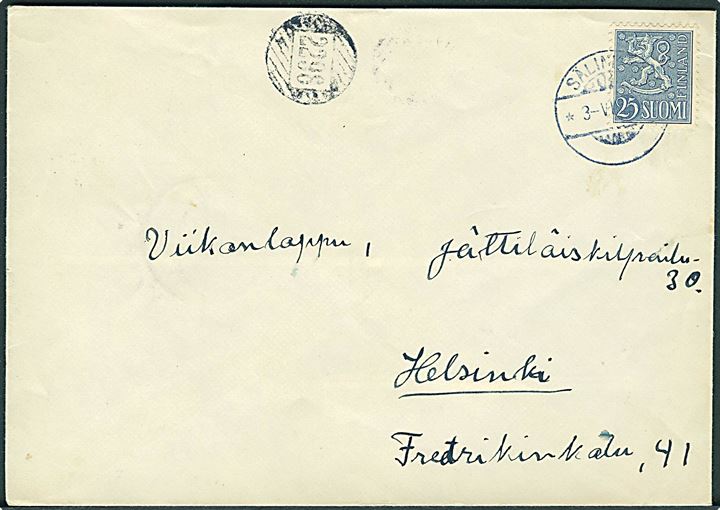 25 mk. Løve på brev annulleret Sälin... d. 3.8.1955 og sidestemplet med brevhus nr.stempel 2298 via Mäntsälä til Helsinki.