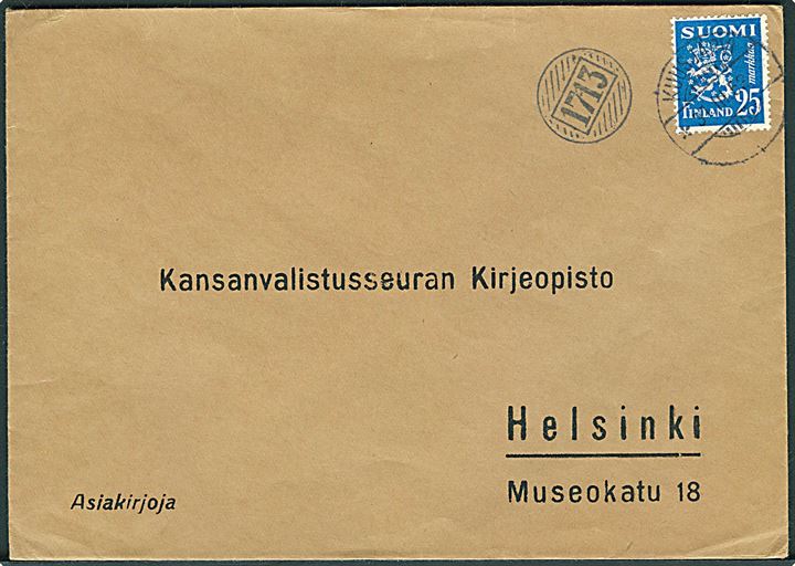 25 mk. Løve på brev annulleret Kuusjärvi d. 31.3.1953 og sidestemplet med brevhus nr.stempel 1713 til Helsinki.