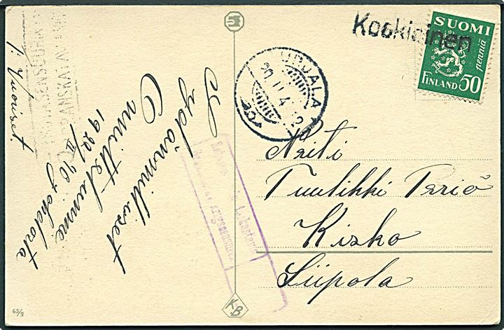 50 pen. Løve på brevkort annulleret med liniestempel Koskisinen og sidestemplet Urjala d. 20.2.1940 til Kisko, Liipola. Finsk censur.
