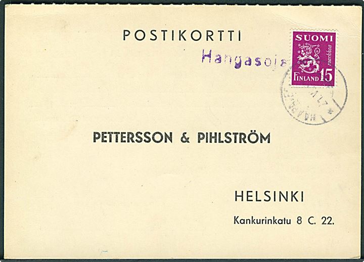 15 mk. Løve på brevkort stemplet Haapaveri d. 21.6.1952 og sidestemplet Hangasoja til Helsinki.