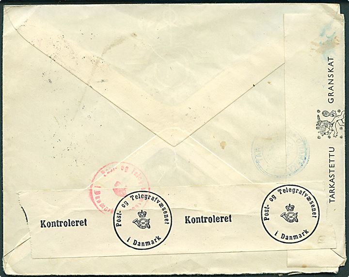 75 pen. og 2,75 mk. Løve på brev fra Kauvatsa As. d. 6.10.1942 til Aabenraa, Danmark. Åbnet af finsk og dansk censur.