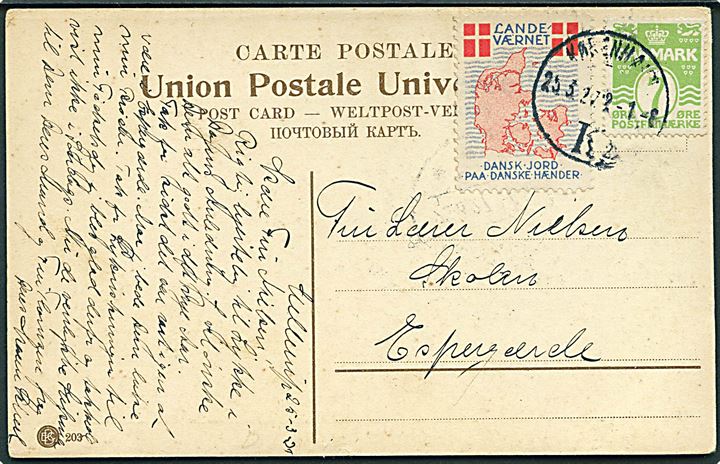 7 øre Bølgelinie og Landværnet mærkat på brevkort fra København d. 25.3.1927 til Espergærde.