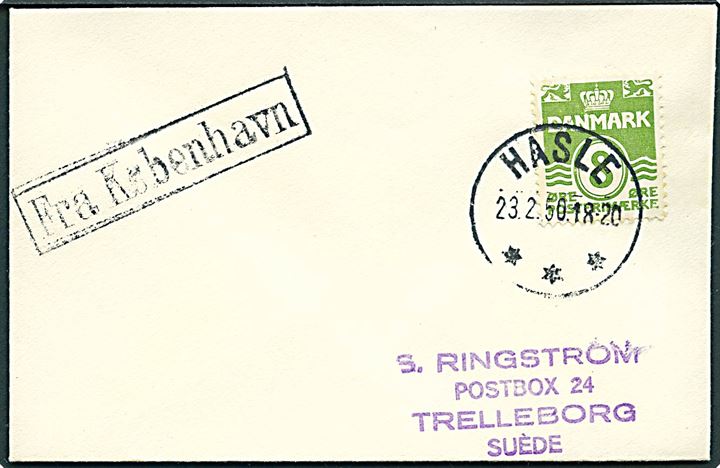 8 øre Bølgelinie på lille filatelistisk skibs-tryksag annulleret brotype IIIc Hasle d. 23.2.1950 og sidestemplet Fra København til Trelleborg, Sverige.