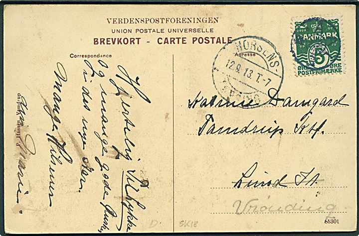 5 øre Bølgelinie på brevkort (Stranden ved Lønstrup) annulleret med stjernestempel AALE og sidestemplet bureau Horsens - Tørring T.7 d. 12.9.1913 til Lund St. - eftersendt til Vrønding.
