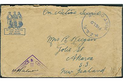Ufrankeret OAS feltpostbrev stemplet N.Z.E.F. Field Post Office (ca. 1941) til Akaroa, New Zealand. Violet censur: Service No. 130 Censor.