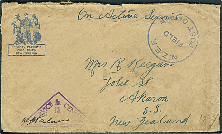Ufrankeret OAS feltpostbrev stemplet N.Z.E.F. Field Post Office (ca. 1941) til Akaroa, New Zealand. Violet censur: Service No. 130 Censor.