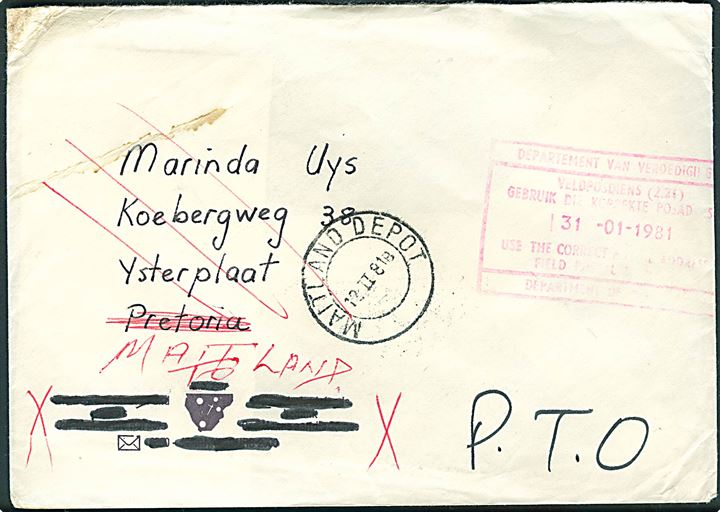 Ufrankeret feltpostbrev fra Field Post Office 2.21 (= Oshakati, Namibia) d. 31.1.1981 til Pretoria - eftersendt til Mailand Depot. På bagsiden stort censurstempel.