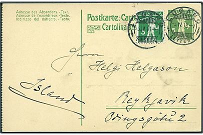 5 c. helsagsbrevkort opfrankeret med 5 c. fra Lugano d. 5.4.1913 til Reykjavik, Island.