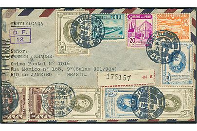 Blandingsfrankeret anbefalet luftpostbrev fra Lima 1944 til Rio de Janeiro, Brasilien. Åbnet af brasiliansk censur.