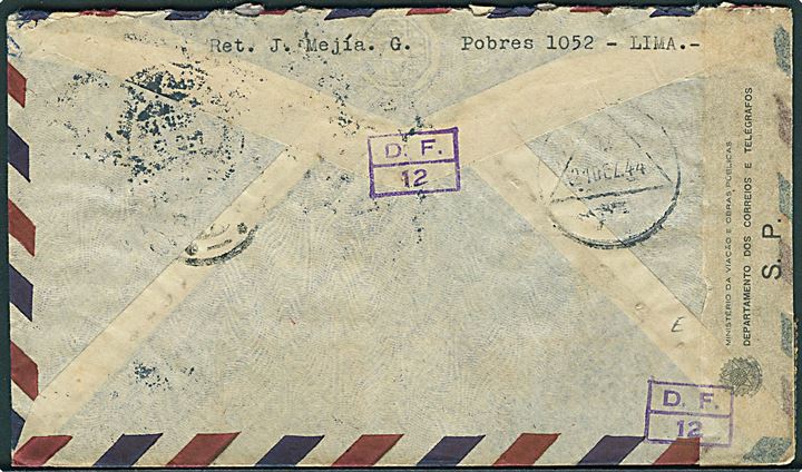 Blandingsfrankeret anbefalet luftpostbrev fra Lima 1944 til Rio de Janeiro, Brasilien. Åbnet af brasiliansk censur.
