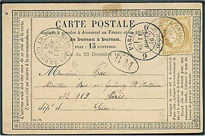 15 c. Ceres på fortrykt brevkort formular til Paris 1876.