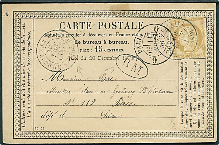 15 c. Ceres på fortrykt brevkort formular til Paris 1876.