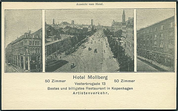 Hotel Mollberg, Vesterbrogade i København. Aussicht vom Hotel. Reklamekort. Sporvogn ses. U/no. 