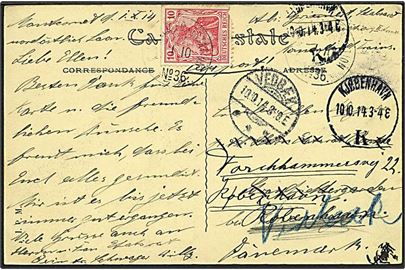 10 pfg. Germania (defekt) på frankeret feltpostkort (Montcornet) stemplet K.D.Feldpoststation No. 36 d. 1.10.1914 til København, Danmark - eftersendt til bl.a. Vedbæk. Fra tysk stabslæge i Montcornet nær Laon i Frankrig. 
