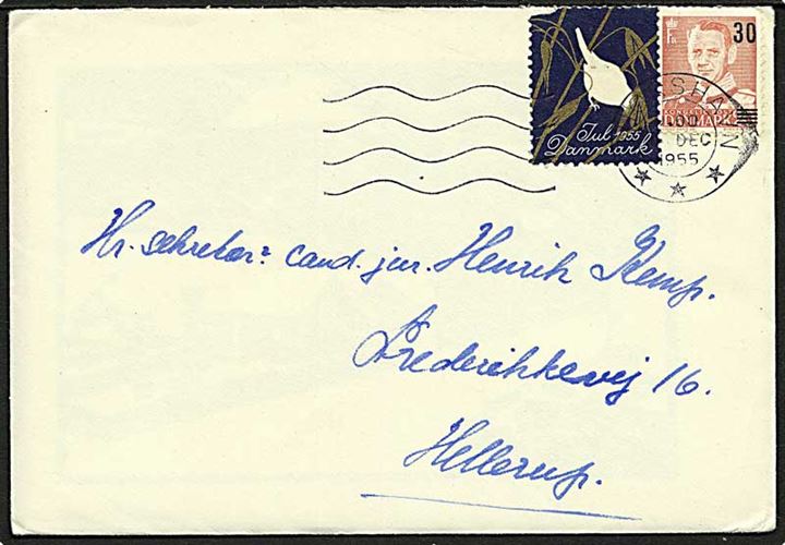 30/20 øre Provisorium og Julemærke 1955 (defekt) på brev annulleret med maskinstempel Thorshavn d. x.12.1955 til Hellerup, Danmark.