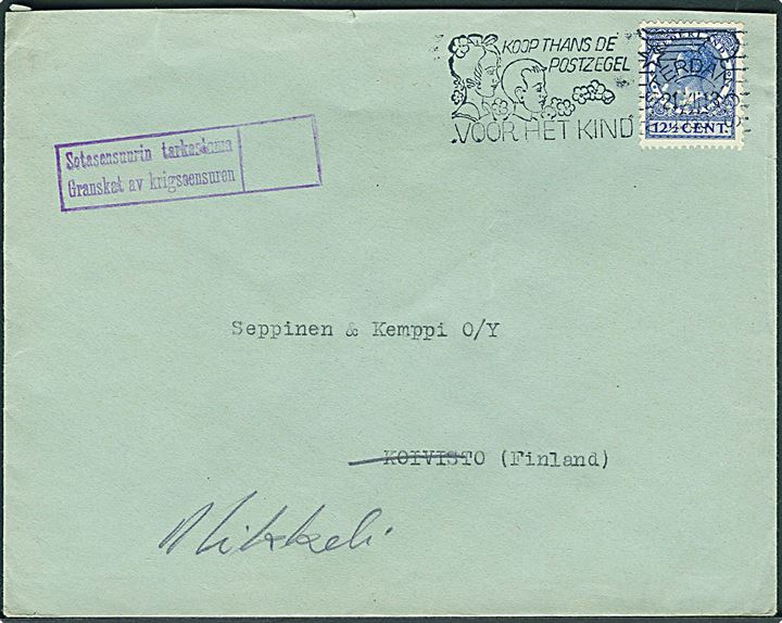 12½ c. Vilhelmine på brev fra Amsterdam d. 21.12.1939 til Koivisto, Finland - eftersendt til Mikkeli. Finsk 2-sproget Vinterkrigs-censur.