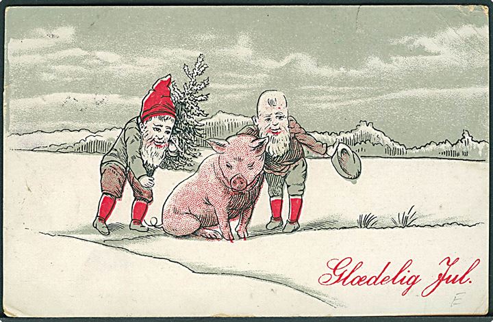 15 øre Chr. X Postjubilæum og Julemærke 1924 på brevkort (Nisser med gris) annulleret med stjernestempel MAARE d. 22.12.1924 til Killeberg, Sverige.